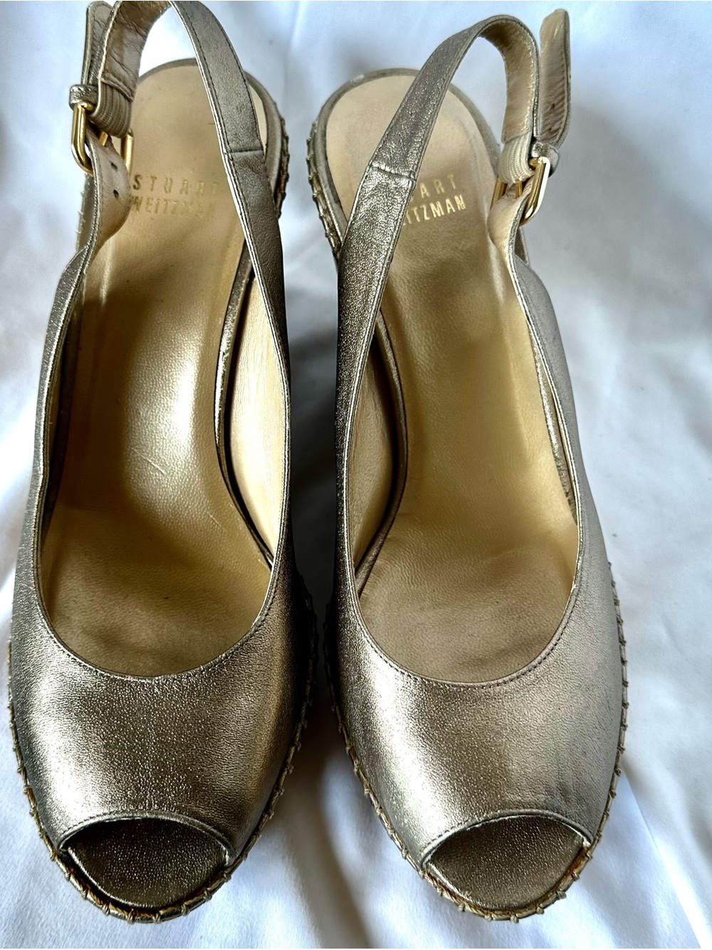 Stuart Weitzman‎ Metallic Gold Peep-Toe Slingback Wedges